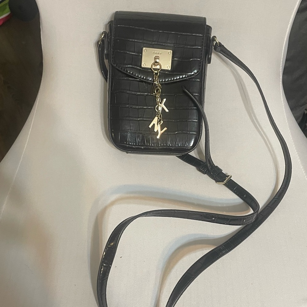DKNY Cleo North/South Phone Crossbody black faux leather with gold-tone hardware